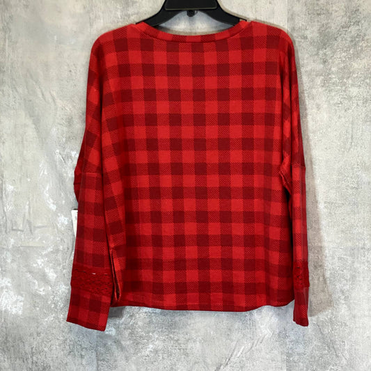 HONEYDEW INTIMATES Women's Red Ravishing Plaid Snooze Button Lace Long Sleeve Pajama Top SZ M