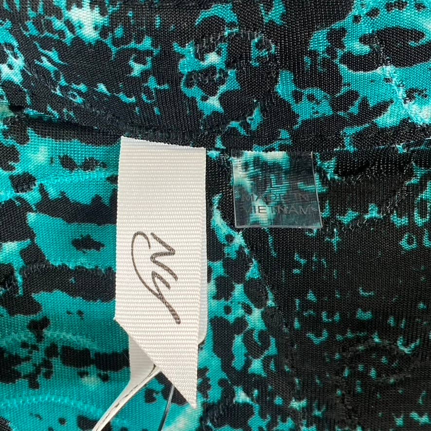 NY COLLECTION Women's Teal Plaid 3/4 Bell Sleeve Y-Neck Pleated Top SZ L