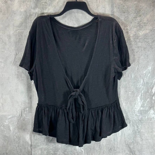 INC INTERNATIONAL CONCEPTS Women's Deep Black Crewneck Tie-Back Ruffled Top SZ M