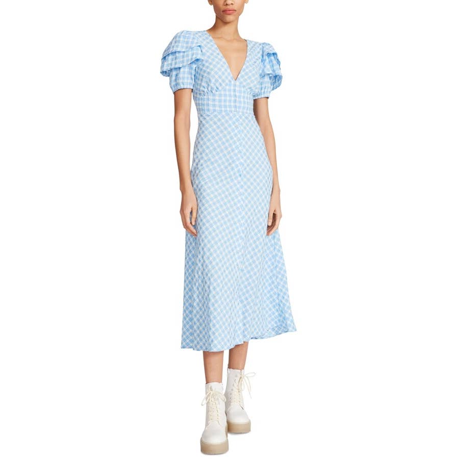 BETSEY JOHNSON Women's Placid Blue Gingham V-Neck Puff-Sleeve Snap Midi Shirt