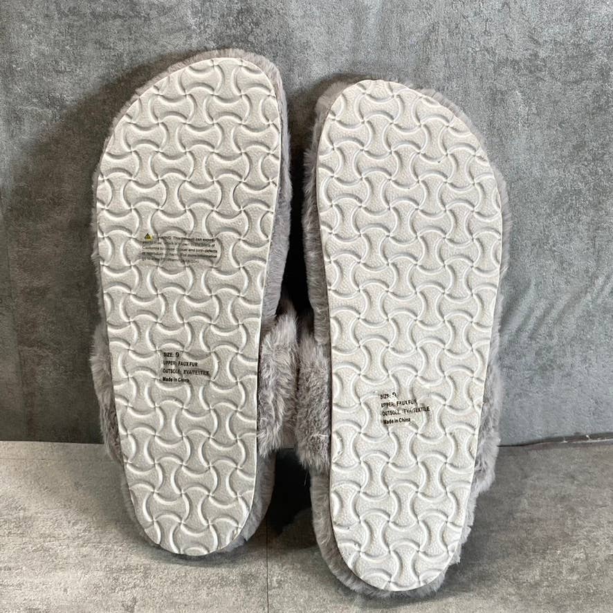 OLIVIA MILLER Women's Gray Faux-Fur Chloe T-Strap Thong Slip-On Slippers SZ 9