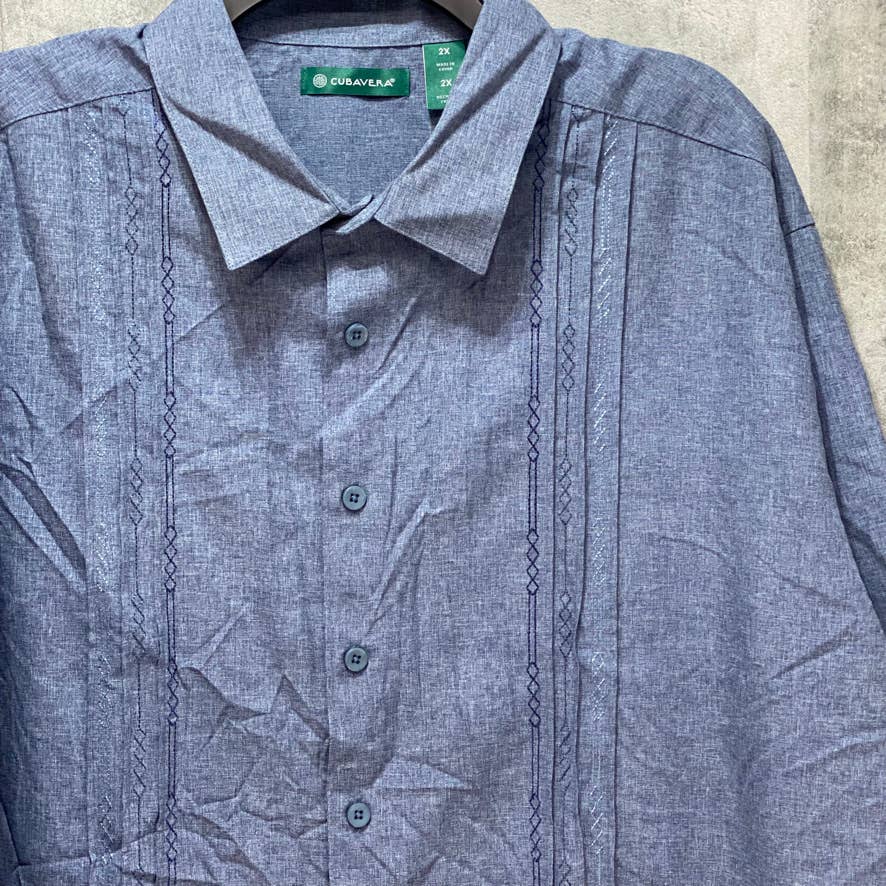 CUBAVERA Big & Tall Blue Pintuck Embroidered Chambray Short Sleeve Shirt SZ 2X