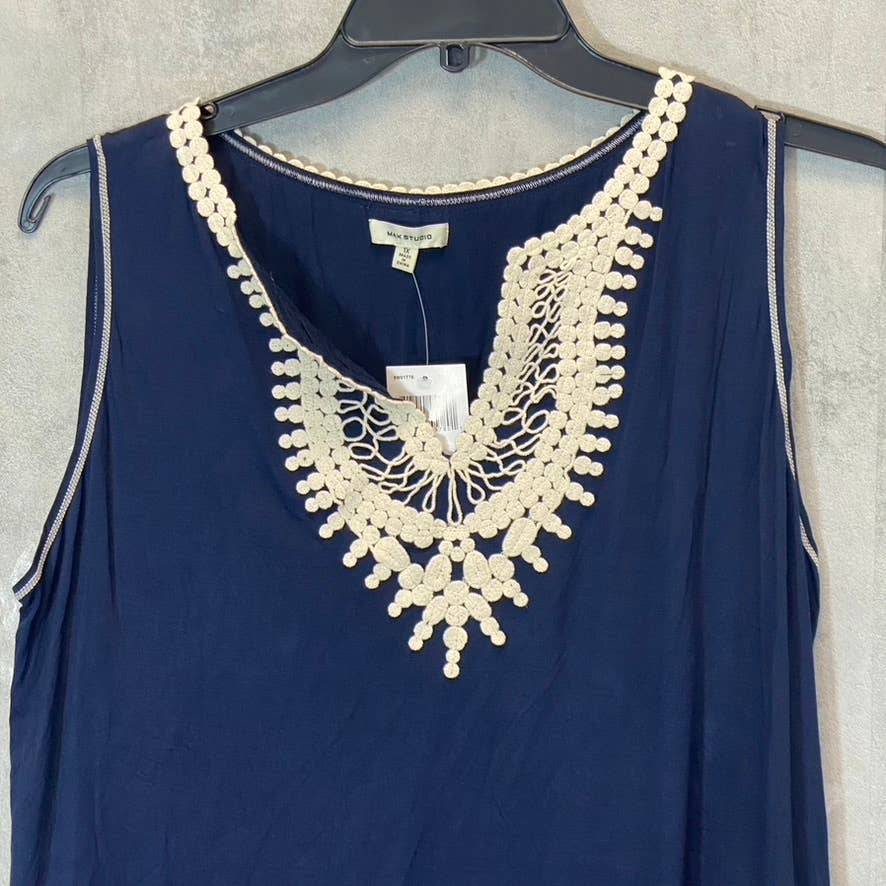 MAX STUDIO Women's Plus Size Navy Crochet Embroidered V-Neck Tank Top SZ 1X