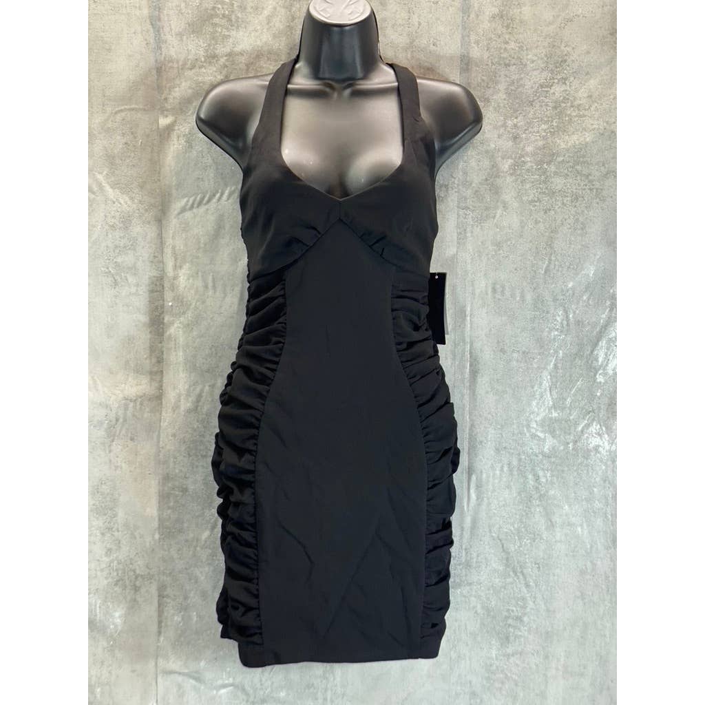 CITY STUDIO Juniors' Black Side Ruched V-Neck Cross Back Bodycon Mini Dress SZ M