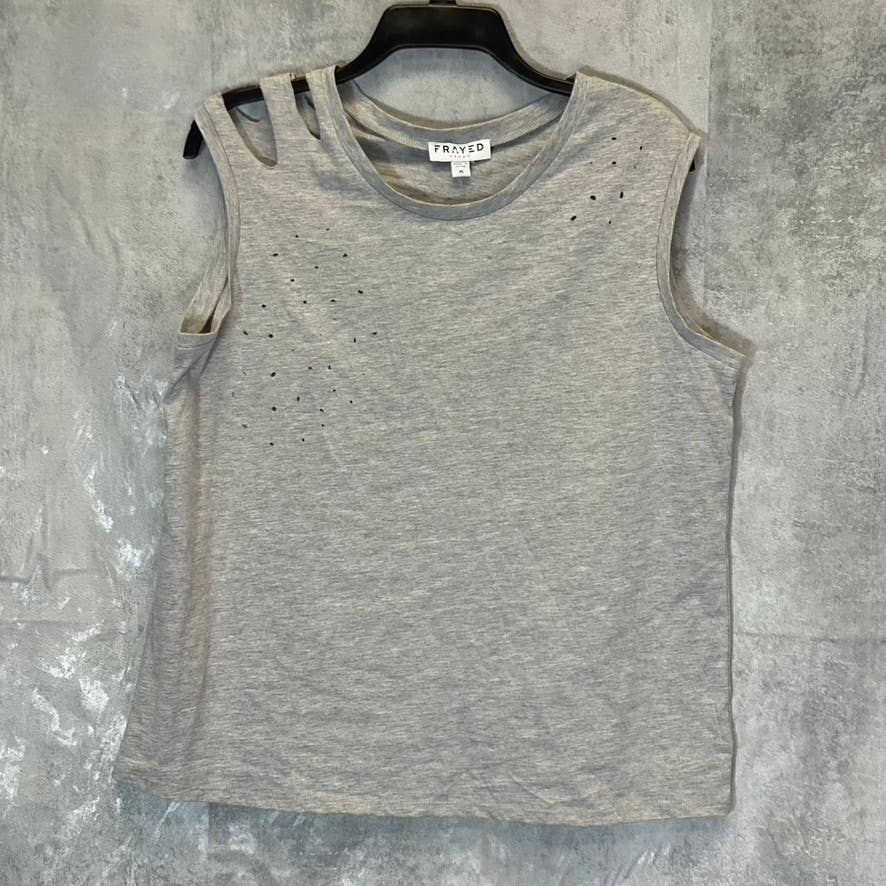 FRAYED Women's Heather Gray Distressed Sleeveless Pullover Crewneck T-Shirt SZ M