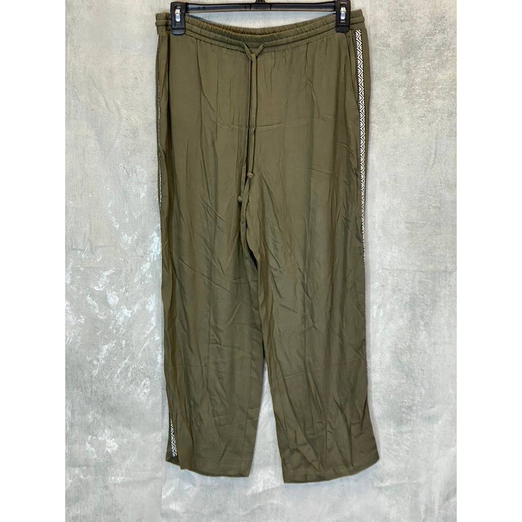 DR2 By Daniel Rainn Women's Olive Contrast Stripe Drawstring High-Rise Wide-Leg Pull-On Pants SZ L