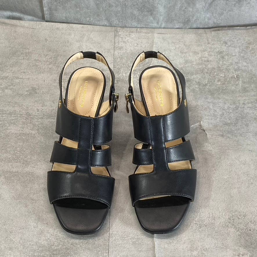 LIZ CLAIBORNE Women's Black Faux-Leather Strappy Bowen Block-Heel Sandals SZ 6.5