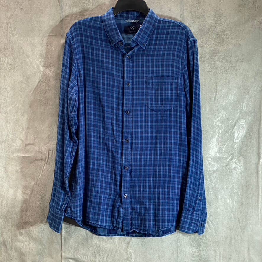 1901 Men's Blue Check Trim Fit Point-Collar Long-Sleeve Button-Up Shirt SZ L