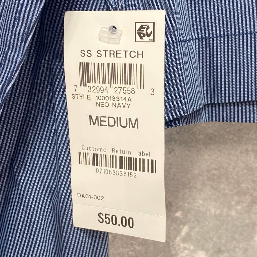 ALFANI Navy Striped Mens Pocket Short Sleeve Stretch Button Down Shirt SZ M