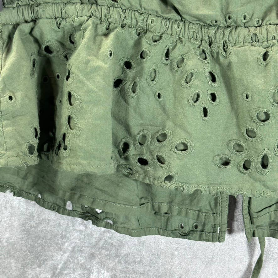 GUESS Women's Lichen Leaf Green Multi Larisen Cotton Eyelet Peplum Top SZ L