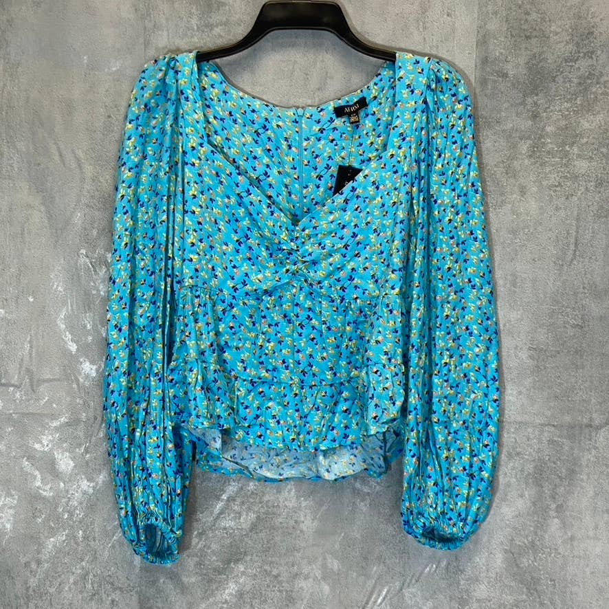 AFRM Women's Bright Blue Floral Print Soni Ruched Balloon Sleeve Crop Top SZ S