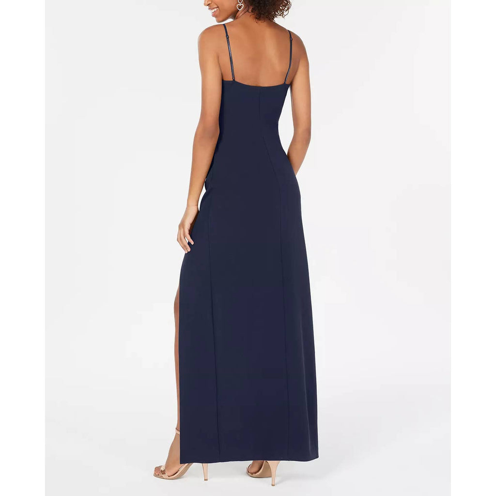 EMERALD SUNDAE Juniors' Navy Surplice V-Neck High-Slit Adjustable Straps Gown