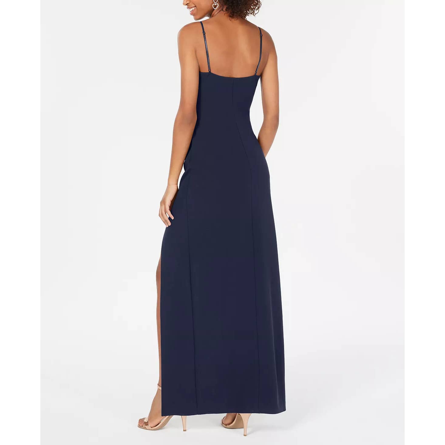 EMERALD SUNDAE Juniors' Navy Surplice V-Neck High-Slit Adjustable Straps Gown