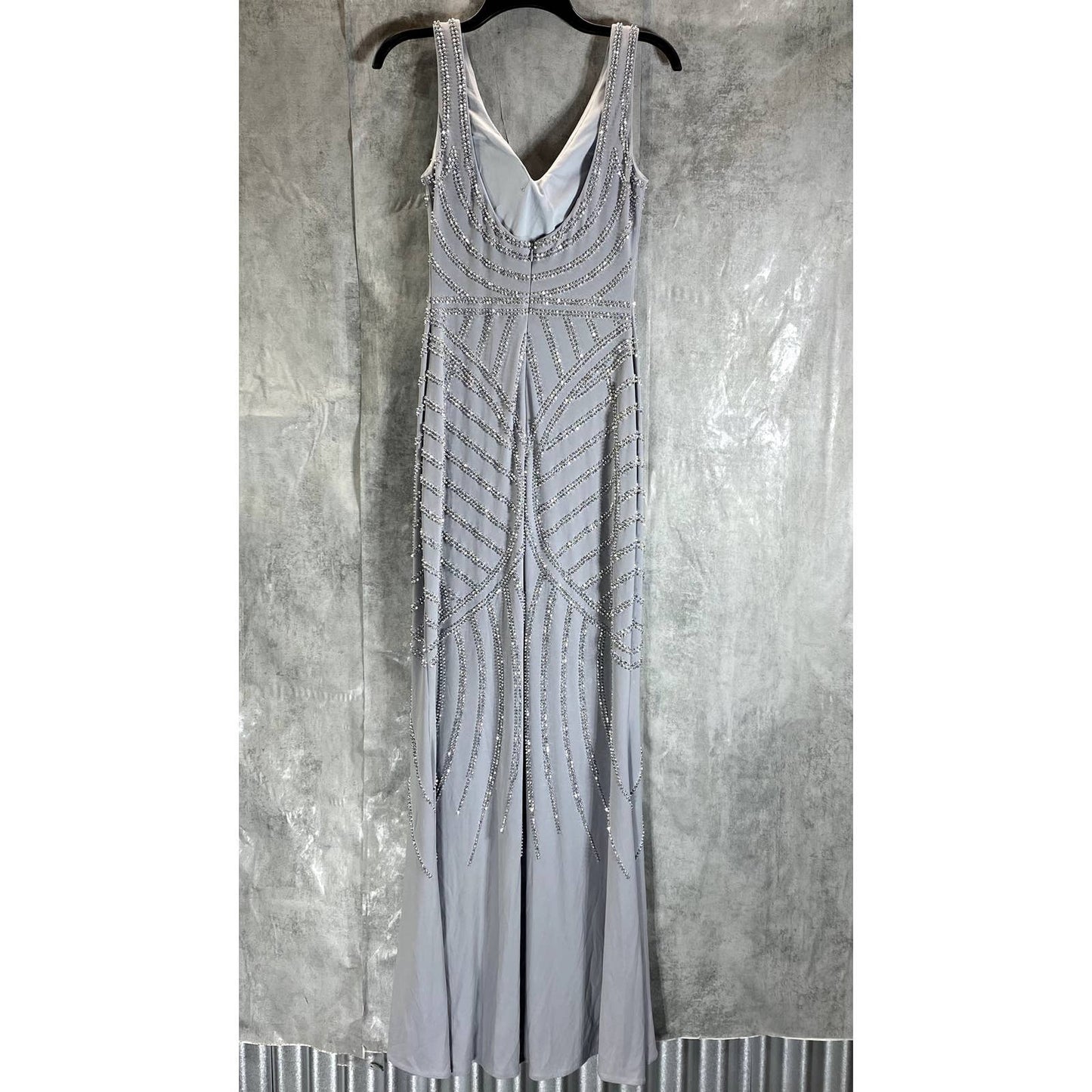 AQUA FORMAL Women's Silver V-Neck Bead Embellished Column Gown SZ 4