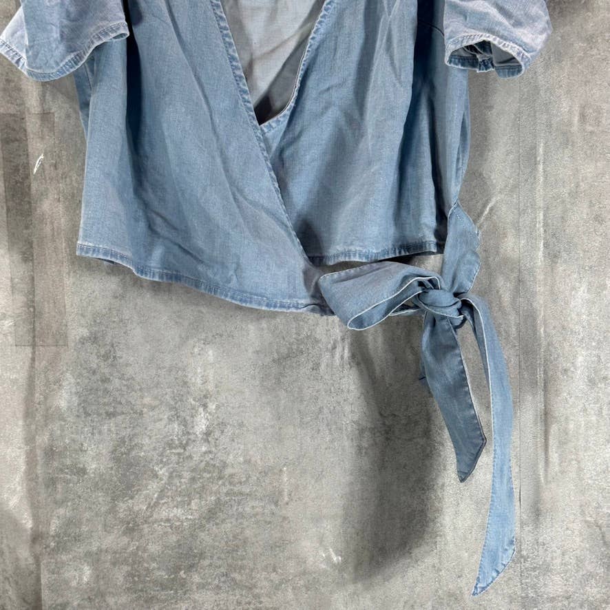 BAR III Women's Indigo Chambray Puff-Sleeve Surplice Wrap-Hem Top SZ S