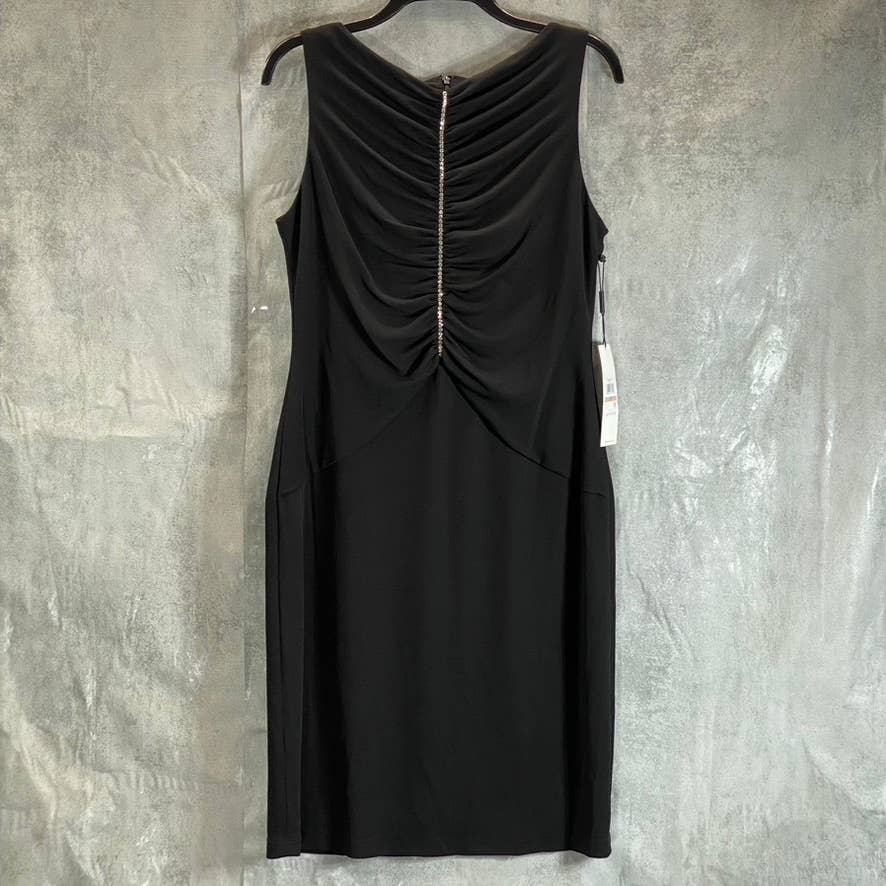 CALVIN KLEIN Women's Black Ruched Rhinestone Embellished Knee-Length Dress SZ 12