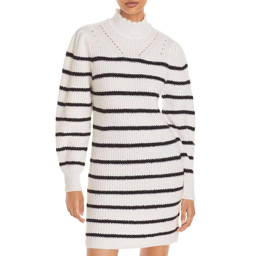 LA CLASSE COUTURE Women's Cream Striped Long Sleeve Mock-Neck Sweater Mini Dress SZ M