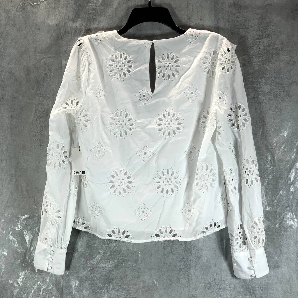 BAR III Women's White Cotton V-Neck Ruffled Eyelet Long-Sleeve Top SZ M