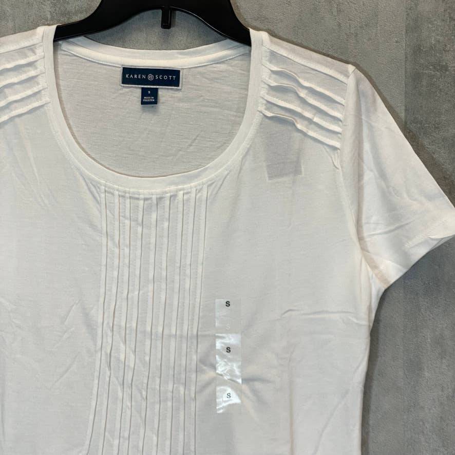 KAREN SCOTT Women's Bright White Pin-Tucked Scoopneck Short Sleeve Top SZ S