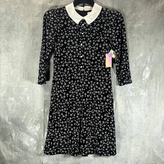 RILEY & RAE Women's Rich Black Ditsy-Print Collared 3/4 Puff Sleeve Dress SZ S