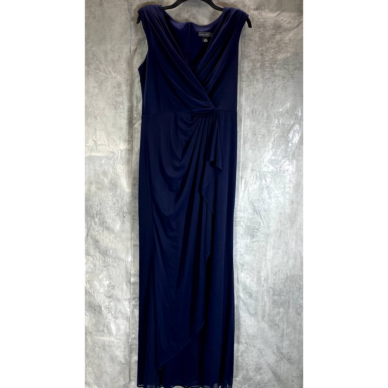 JESSICA HOWARD Women's Navy Faux-Wrap Ruched Sleeveless Maxi Gown SZ 12