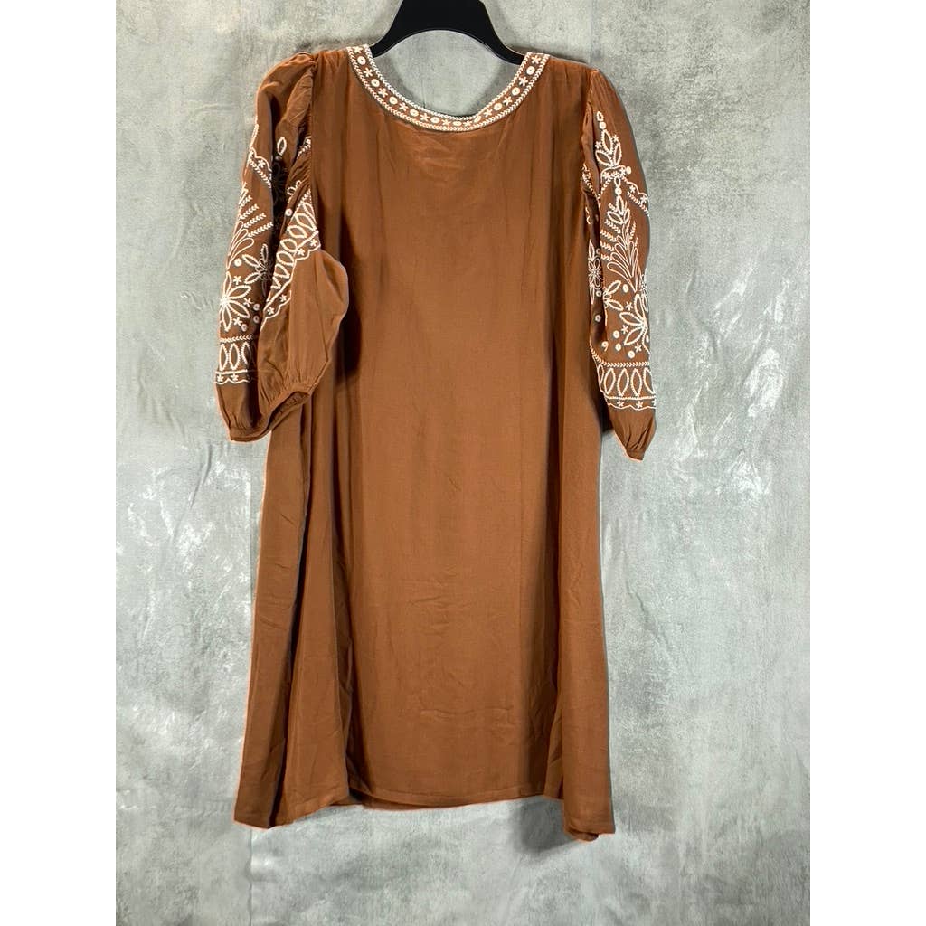 BELLDINI Women's Iced Latte/White Boho Embroidered V-Neck Chic Pocketed Dress