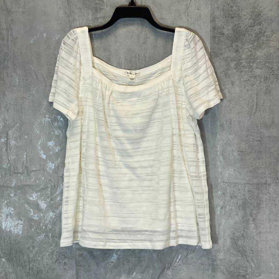 JOHN PAUL RICHARD Women's Eggshell Striped Square Neck Short Sleeve Top SZ L