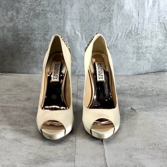 BADGLEY MISCHKA Ivory Satin Kiara Embellished Open Peep-Toe Stiletto Pumps SZ 6