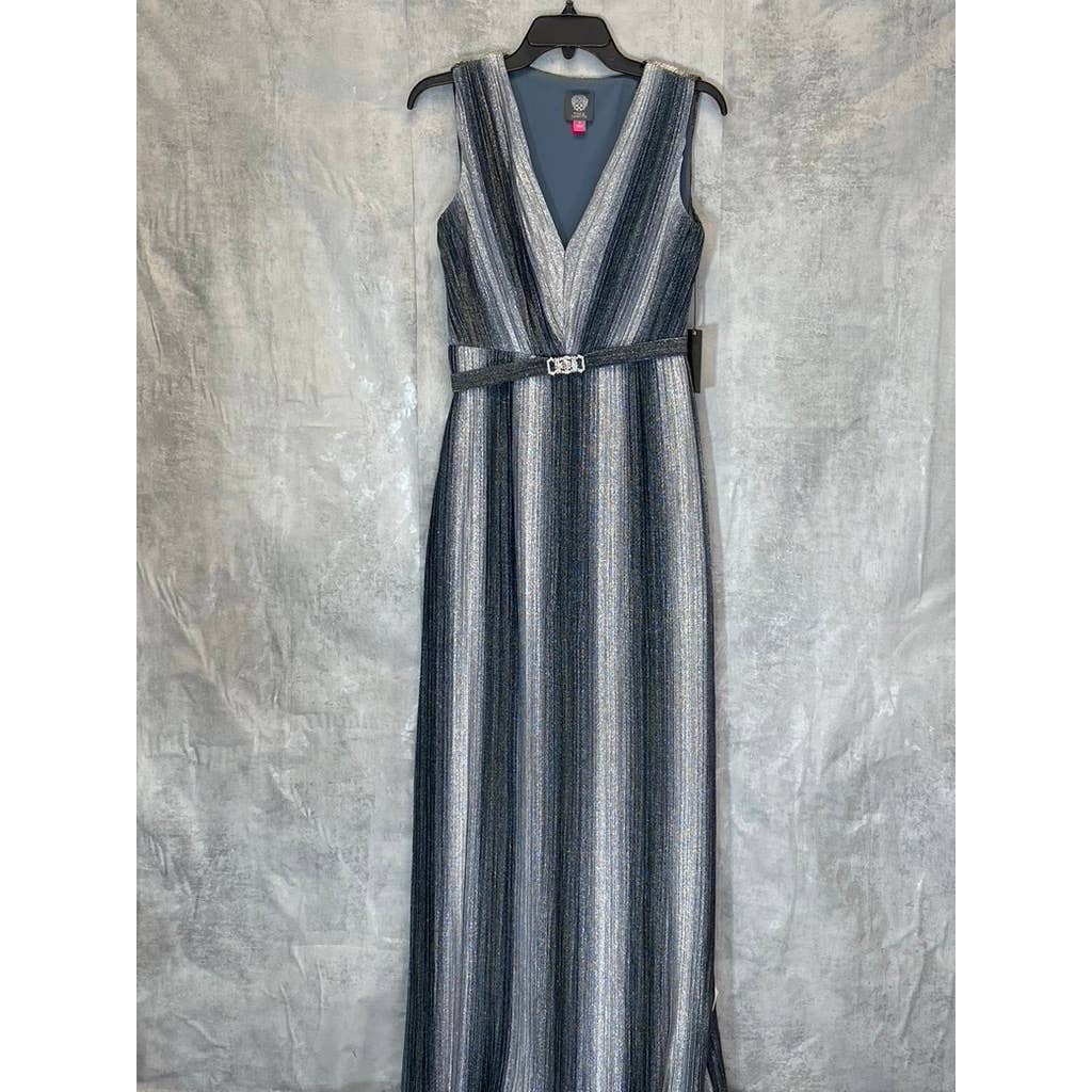 VINCE CAMUTO Women's Gunmetal Metallic Stripe Deep V-Neck Sleeveless Gown SZ 4