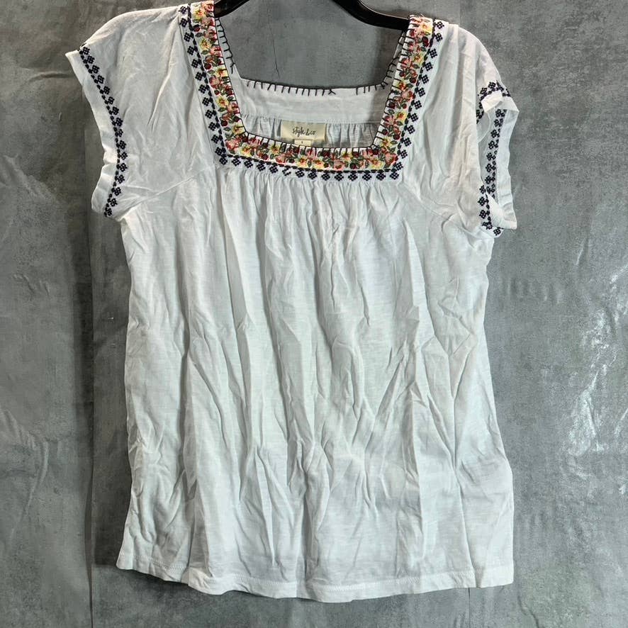 STYLE & CO Women's Bright White Embroidered Square-Neck Top SZ S