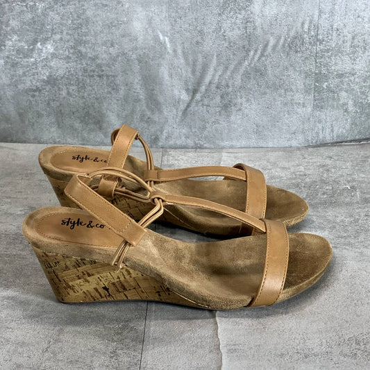 STYLE & Co Women’s Medium Tan Mulan T-Strap Slingback Wedge Sandals SZ 7.5