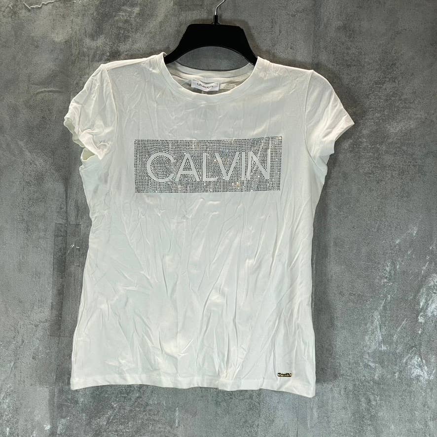 CALVIN KLEIN Women's White Logo Embellished Crewneck Short Sleeve T-Shirt SZ XS