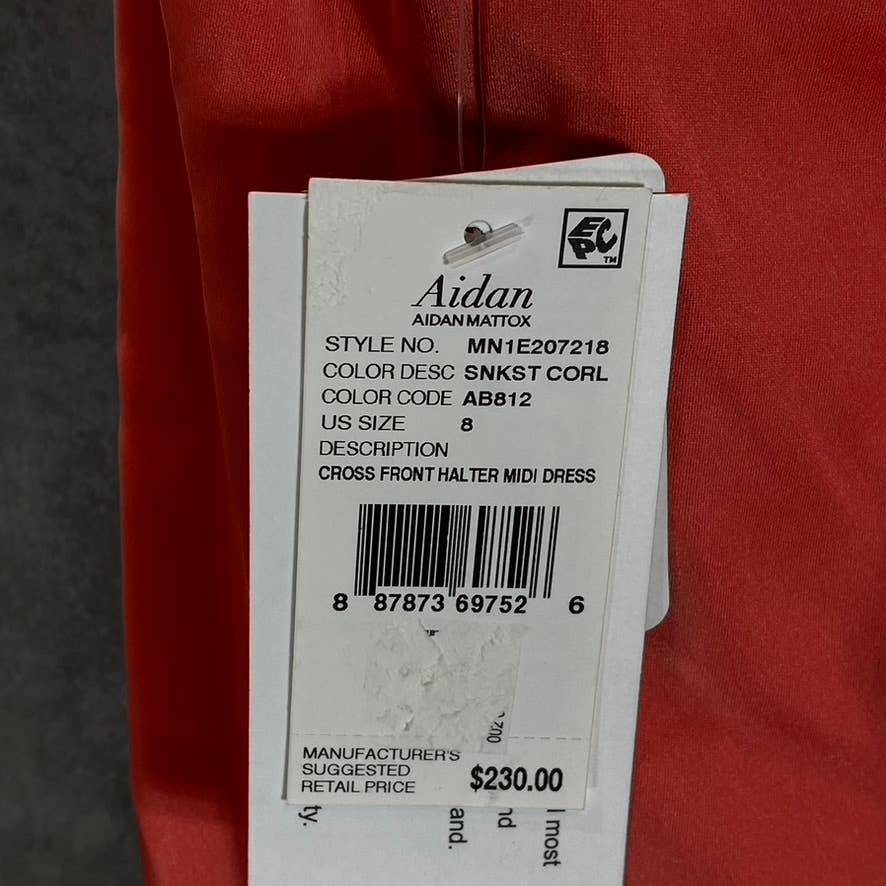 AIDAN By AIDAN MATTOX Women's Sunkist Coral Cross Front Halter Midi Dress SZ 8