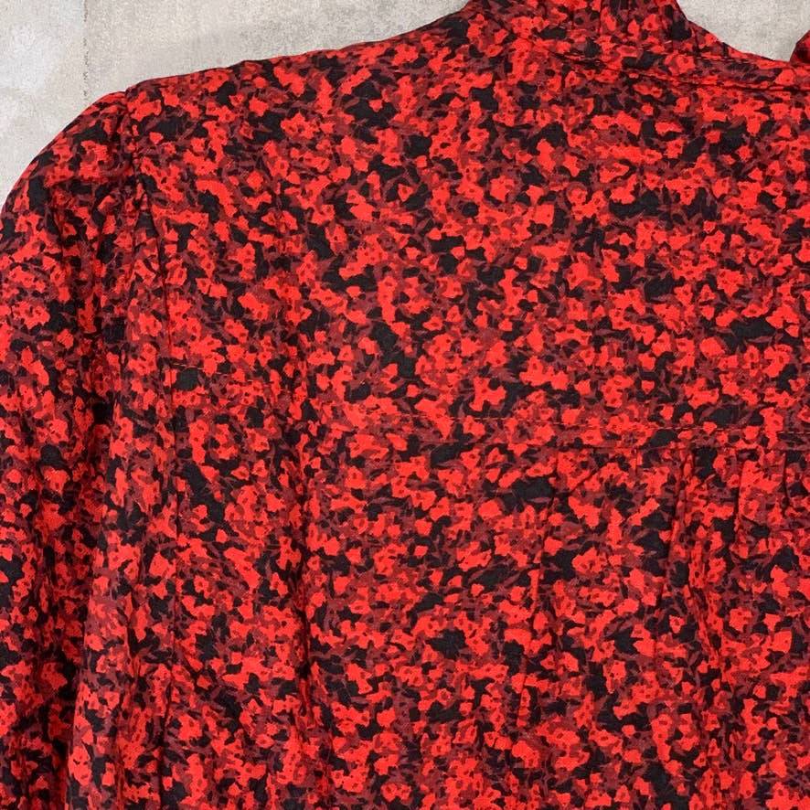 HINGE Red Printed Tie-Neck Long Sleeve Button Front Top SZ M