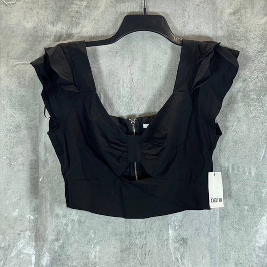 BAR III Women's Deep Black Sweetheart Cutout Ruffle-Sleeve Crop Top SZ 10