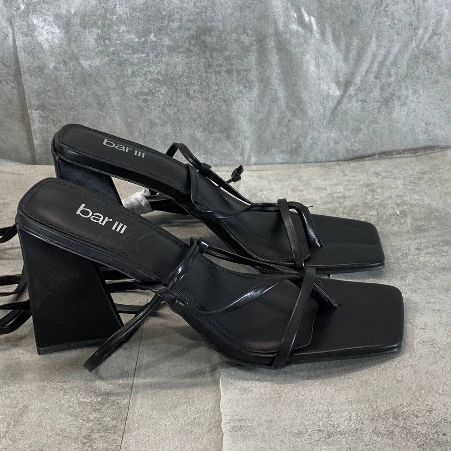BAR III Women's Black Smooth Alana Tie-Up Geo-Heel Square-Toe Sandals SZ 8