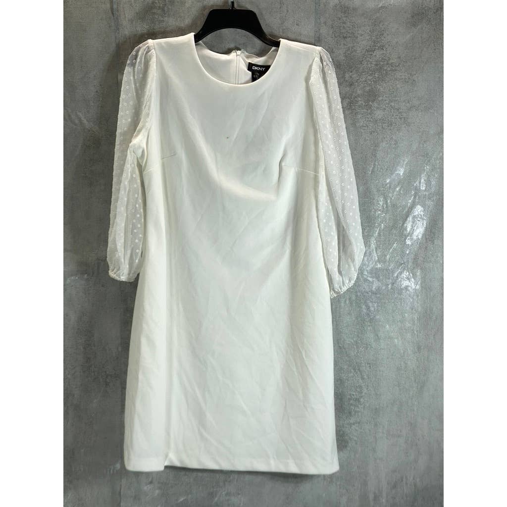 DKNY Women's Cream Illusion Dotted 3/4 Sleeve Crewneck Crepe Shift Mini Dress