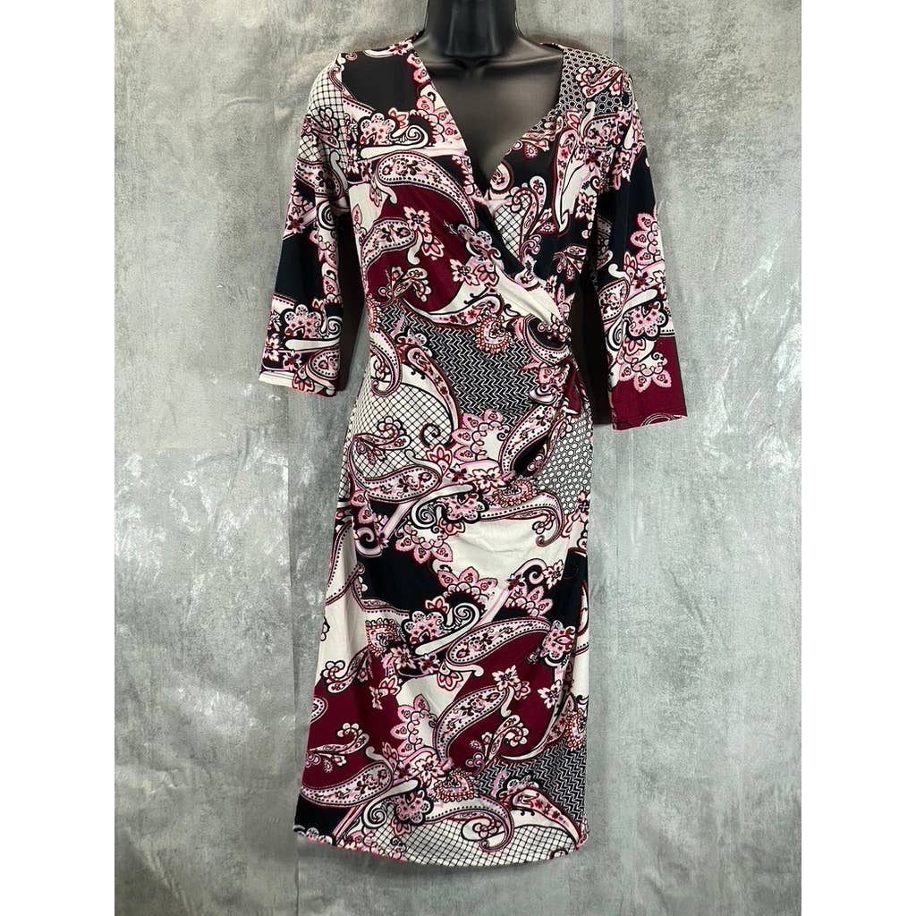 24SEVEN Comfort Apparel Women's Burgundy Printed Faux-Wrap 3/4 Sleeve Dress SZ M