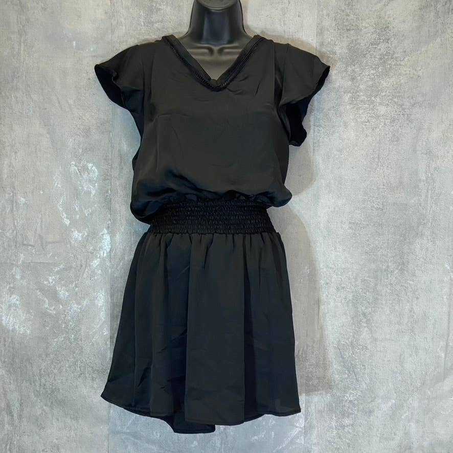 LUNA CHIX Women's Solid Black Flutter Sleeve Double V-Neck Smocked Waist Mini Dress SZ L
