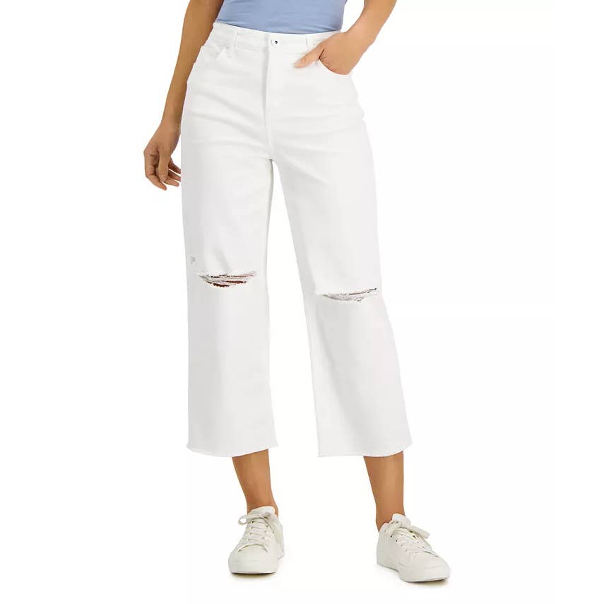 STYLE & CO Women's Bright White High-Rise Destructed Wide-Leg Cropped Jeans SZ14