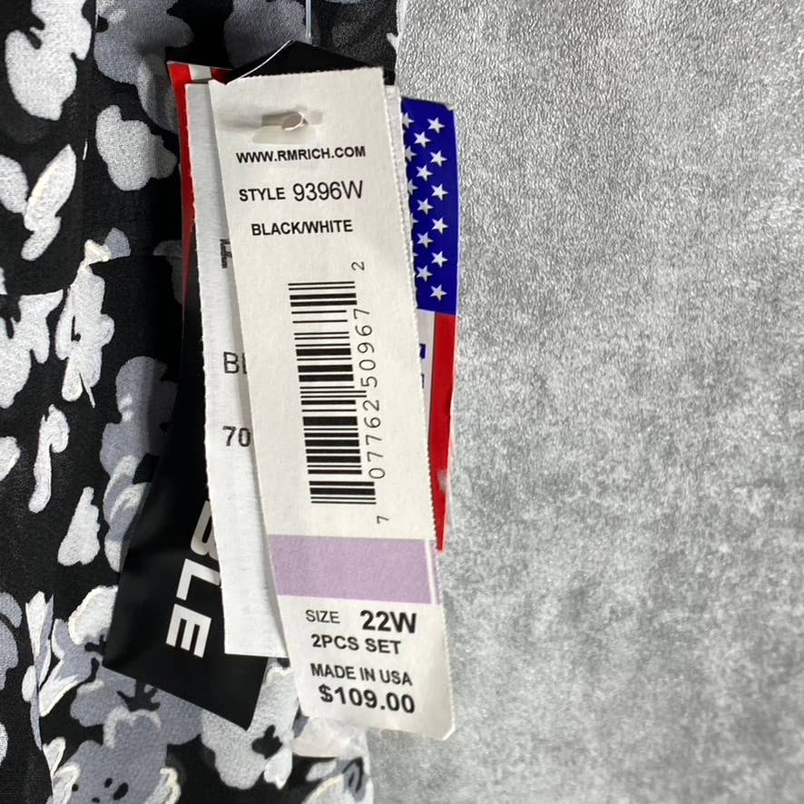 R&M RICHARDS Women's Plus Black-White Printed Tie-Front Flutter Sleeve Jacket