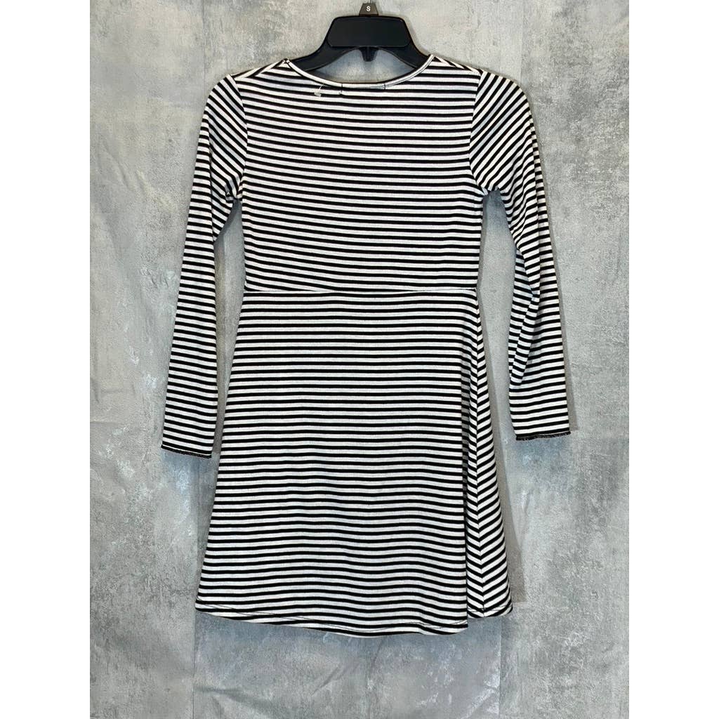 VELVET TORCH Women's Black-White Striped V-Neck 3/4 Sleeve Ruched Mini Dress