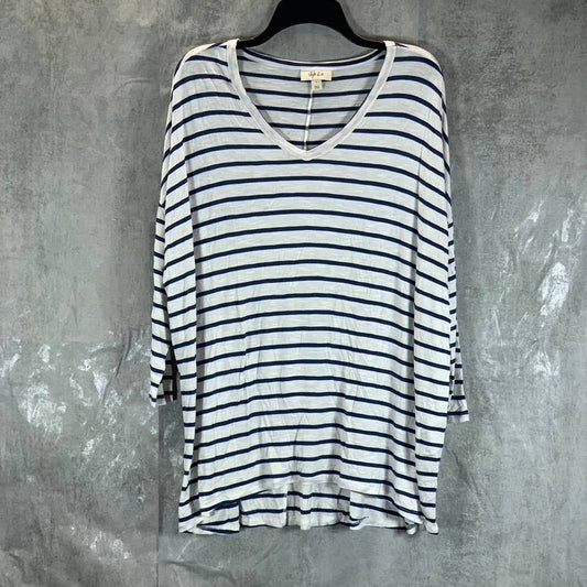 STYLE & CO Women's White-Blue Striped V-Neck Long Sleeve Top SZ L