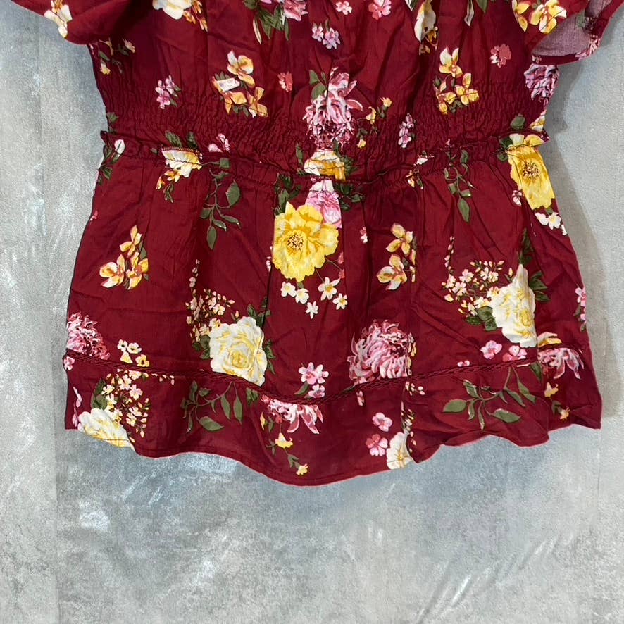 DEREK HEART Women's Biking Red Floral Smocked Peplum Top SZ M
