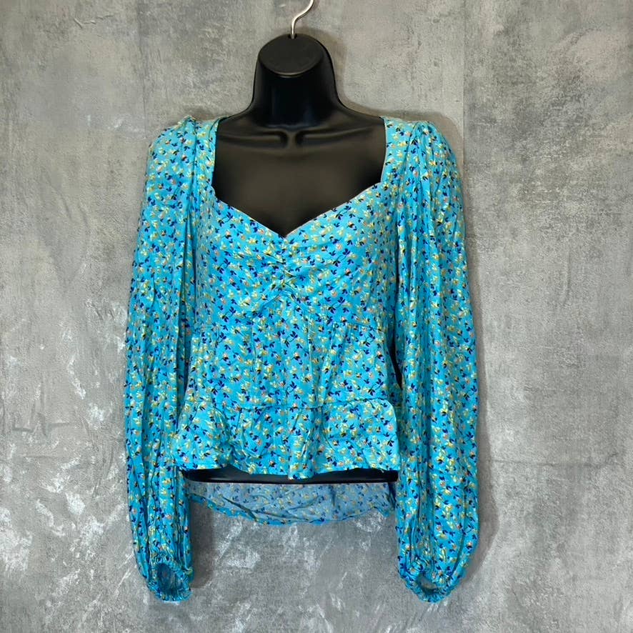 AFRM Women's Bright Blue Floral Print Soni Ruched Balloon Sleeve Crop Top SZ S