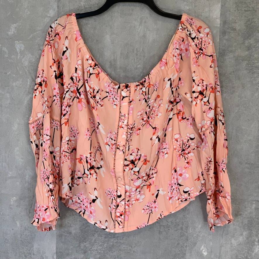 CUPCAKES AND CASHMERE Peach Parfait Printed Off-The-Shoulder Long Sleeve Top SZ XL