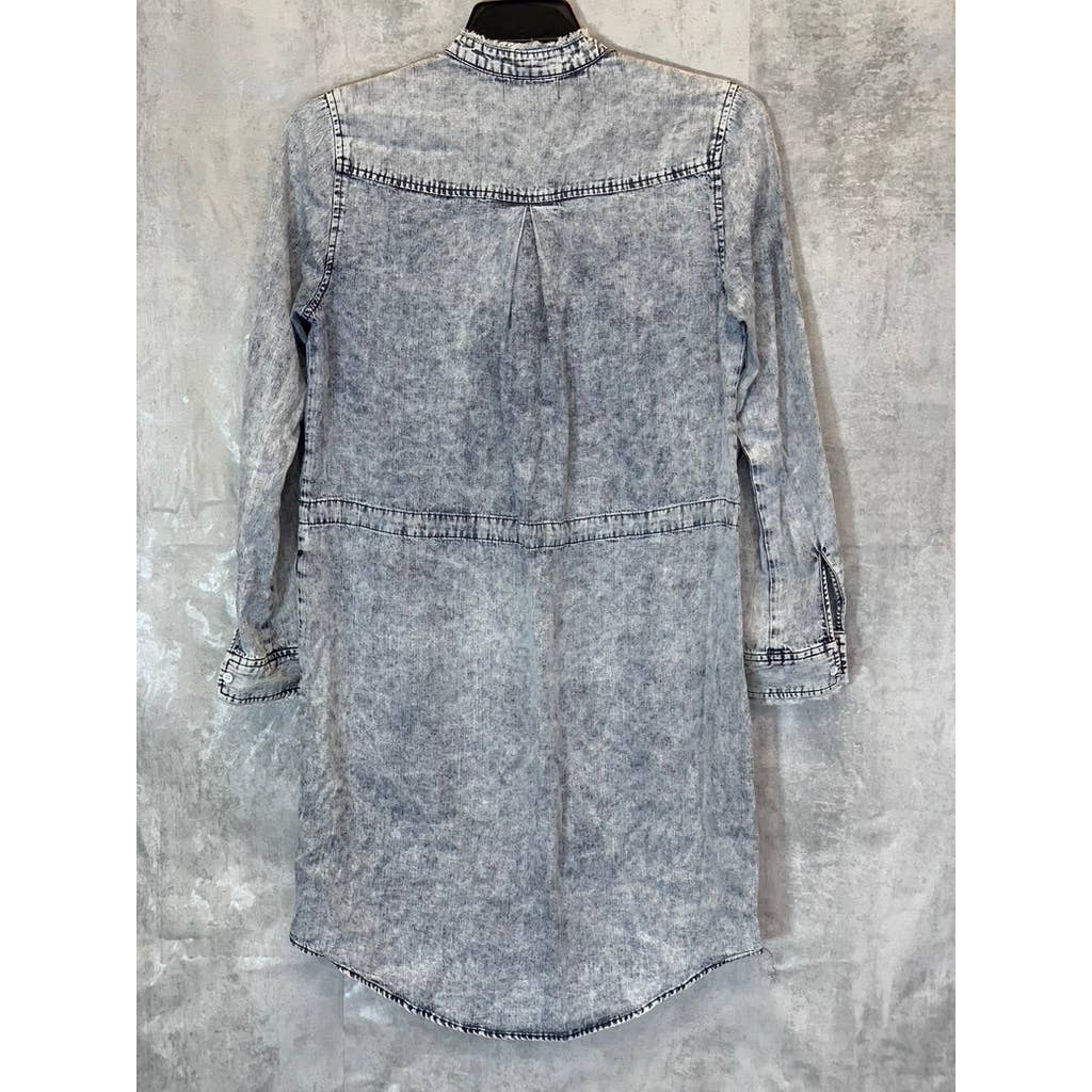 CLOTH & STONE Women's Acid Wash Frayed Banded Collar Button-Up Long Sleeve Mini Shirt Dress SZ S