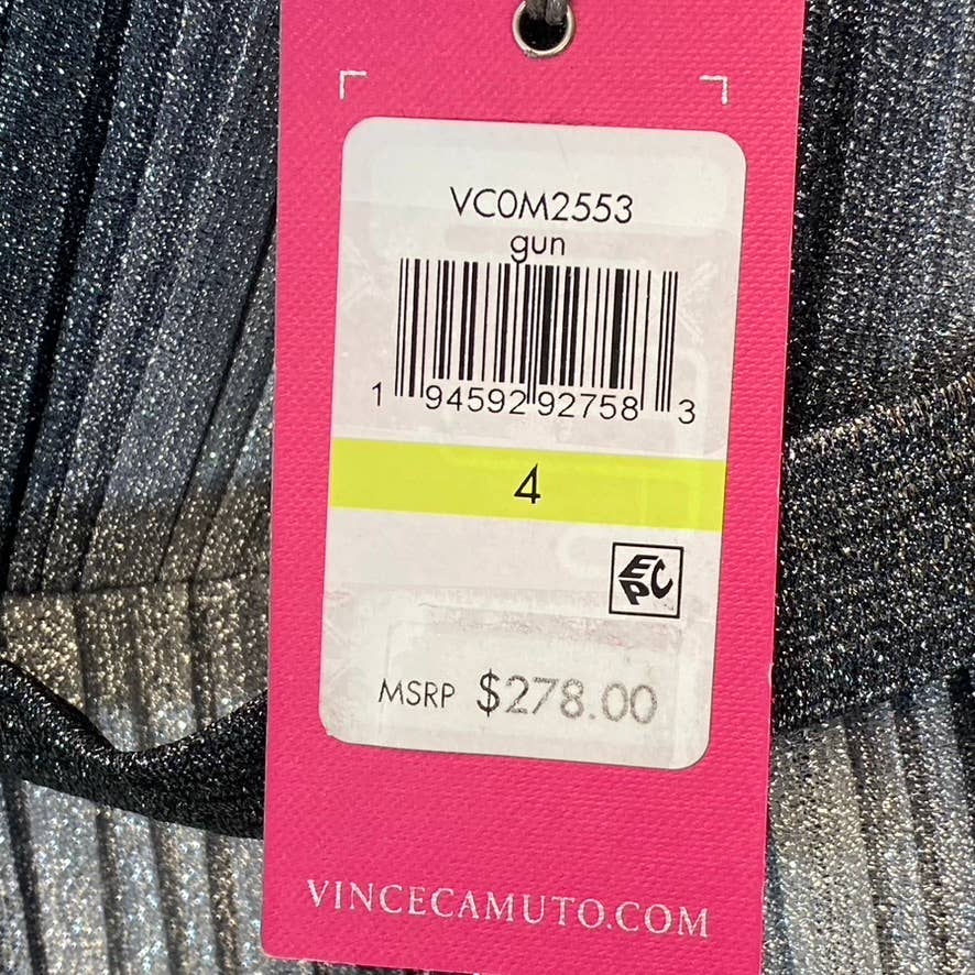 VINCE CAMUTO Women's Gunmetal Metallic Stripe Deep V-Neck Sleeveless Gown SZ 4