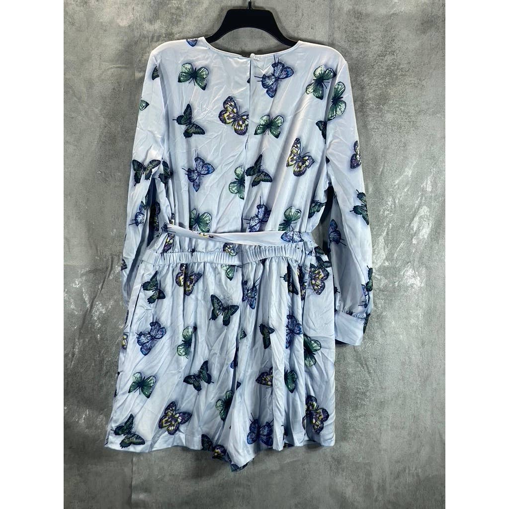 NINA PARKER Women's Plus Blue Butterfly Satin Trendy V-Neck Long-Sleeve Romper