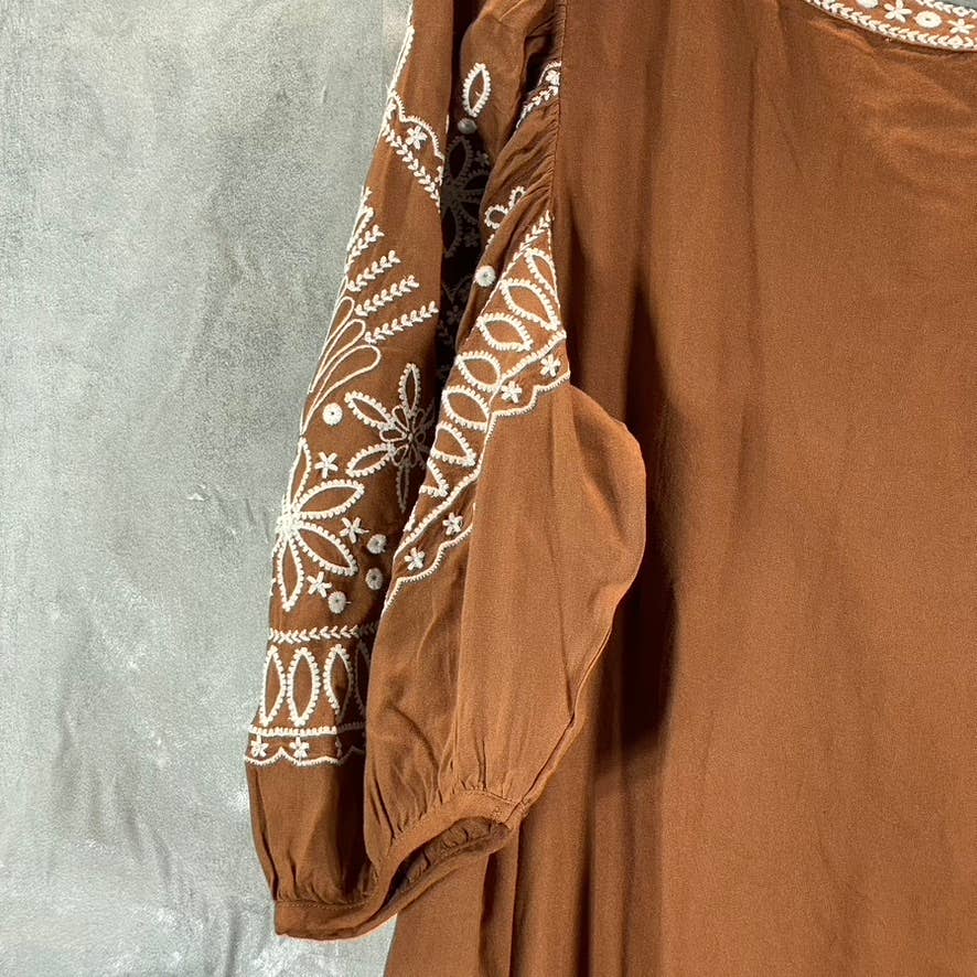 BELLDINI Women's Iced Latte/White Boho Embroidered V-Neck Chic Pocketed Dress